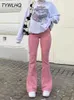 女子ジーンズストリートウェアY2Kフレアジーンズ女性ハイウエスト90年代ファッションピンクのストレッチバギーママジーンズワイドレッグパンツエレガントデニムズボン230215