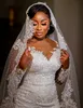 2023 Luxury Lace Mermaid Wedding Dresses Sheer Long Sleeves Pearl Pärled Wedding Dresses African Plus Size Brudklänningar BC15031 02314K