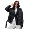 Womens Leather Faux Fashion Splice Jacket Kvinnor Justerbar midjeband Lätt LAPEL PU COER Lady Cool Zip Streetwear Kvinnlig Luxury Outwear 230214