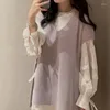 Vestidos de trabajo WAKUTA Otoño Japón Conjunto Mujer 2 piezas Cuello en V Color sólido Chaleco de punto Top Traje Stand Manga larga Vestido de vendaje Trajes