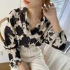 Kvinnor Bluses Cow Print Button Up Shirts Women Korean Fashion Long Sleeve Chiffon Blue Female Spring Streetwear Loose