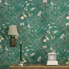 Sfondi Paese americano Carta da parati Pastorale Retro Nostalgico Soggiorno Camera da letto Verde scuro Fiori e uccelli TV Sfondo muro Wallpape