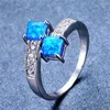Bröllopsringar söta kvinnliga blå vit opal ring boho silver färg fyrkant för kvinnor charm zirkoniumsten engagemang