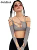 T-shirt Femme Goth Dark Cyber Y2k Techwear Punk Femmes Halter Tops Gothique Egirl Patchwork Manches Longues Crop Top Sexy Découpé Casual T-shirts 230215