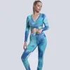 Active Sets Tie-Dye Cross Tops High Waist Leggings 2 Piece Set Women Yoga Suits Sportswear Running Fitness Gym Sport Clothes Ensemble Femme