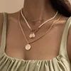 Pendant Necklaces Vintage Punk Imitation Pearl Round Figure Goddess Women Multilayer Geometric Chains Necklace Colar Jewelry