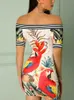 Casual Dresses Off Shoulder Floral Print Striped Tape Colorblock Dress T230210