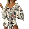 Casual Dresses Summer Beach Sundress Vestido S-3XL 10 Color Leaves Floral Printed Drawstring Party Mini Short Dress Women's Clothing