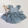 Robes de fille 4 couleurs bébé filles princesse robe à bretelles salopette sans manches infantile enfants coton lin volants dentelle croisée 6M-6T