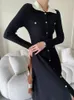 Casual Dresses Women Black High Elastic Long Sticking Elegant Dress Lapel Sleeve Loose Fit Fashion Spring Autumn 2023 C607