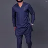 Men's Tracksuits Muslin Men Suit Navy Long Sleeves Pants Tops Cotton Linen Embroidery Fashion Men's Two Piece Loose Dashiki Top African