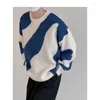 Herentruien herfst en winterronde nek mannen gebreide sweate blauw witte botsing pullover trui losse casual harjuku