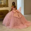 Quinceanera Dresses Pink Ball Gown Off Shoulder 3D Rose Flowers Puffy Sweet 16 Prom Dress