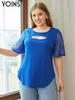 Women's Plus Size T-Shirt YOINS Sexy Hollow Out Tunic Tops Summer Women's Short Sleeve Lace Patchwork Blouses Plus Size Casual Solid Blusas Femininas 230216