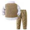 Abiti Primavera Autunno Neonato Completo da uomo da uomo Camicia con papillon Gilet a righe Pantaloni 3 pezzi Set di vestiti formali per bambini 230216