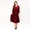 Plus Size Dresses Spring Elegant Pleated Velour Dress Russian Autunm Long Sleeve Velvet Dress.lace Up Vintage Party Vestidos