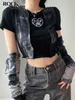 Kvinnors t-shirt Rockmore Grunge Fairycore Crop Top Women Short Sleeve Patchwork Tshirt och armhandskar Kvinna Streetwear Tie Dye Tee Goth Clothes 230215