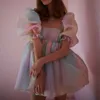 Casual jurken vrouwen puff mouw tule tutu prinses vierkante kraag mesh ruche bubble rok bruiloft avondfeest prom mini fairy 230216