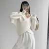 Camisolas femininas 2023 outono vintage com decote em V pull over sexy fora do ombro crossover suéter jumpers para mulheres coreana elegante senhora tricô pullovers