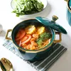 Bowls Ceramic Large Soup Bowl Green Phnom Penh Noodle Fruit Salad Ramen Pot Handle Lid Dinnerware Household Kitchen Supplies Tableware