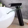 Badkamer wastafel kranen minimalistische olie gewreven bronzen zwarte kraan messing bassin mixer waterval kraan semi-open water uitlaat