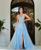 Blue A-line Prom Dresses Sleeveless V Neck Straps 3D Lace Appliques Sequins Beaded Hollow Floor Length Celebrity Side Slit Evening Dresses Plus Size Custom Made