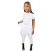 Vente en gros Summer Casual Designer Survêtements Deux Pièces Ensembles Femmes Tenues Déchiré Sprotswear Pull À Manches Courtes T-shirt Et Pantalon Leggings Trous Sports