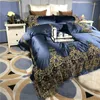 Sängkläder set blå lyx romantisk gyllene spets broderi 100s silk bomull kunglig mjuk uppsättning täcke täcke lakor linnor kuddefästen bästa kvalitet