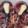36 Inch Red Highlight Wig Human Hair 13x4 Body Wave Lace Front Wig Ombre Red With Black Colored Synthetic Wigs Pre Plucked