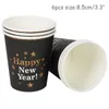 Dispostable Flatware Happy Year Party Decoration 69pcs Table Voline Ensemble Black Gold Year Plates Paper Cups Banner Party Favors 230216