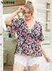 Camiseta de talla grande para mujer ICURVEE Tallas grandes 4XL Tops tipo túnica de verano para mujer Blusas bohemias con estampado floral y cuello en V sexys Camisa elegante de media manga 230216