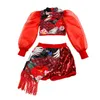 Scène Porter Style Chinois Rouge Paillettes Gland Costume Pour Filles Jazz Danse Vêtements Enfants Hip Hop Tenue Moderne Rue Dancewear DNV16337