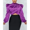 Kvinnors T-skjortor Kvinnor Puff Sleeve Ruched Crop Top Female Turtle Neck Slim midje T-shirt Casual Long Blus Steetwear 2023 Solid Elegant