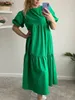 Casual Dresses Women Summer Maxi 100% Cotton O Neck A-Line Overdimensionerad Kort ärm Midi Puff White Green Long 230216
