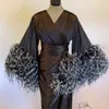 Bridesmaid Dress Black Women Sleepwear With Fur Custom Made Kimono Long Sleeves Nightgowns Party Night Gowns