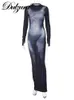 Casual jurken dulzura herfst sexy y2k kleding tie kleurstof print lange mouw o-neck bodycon maxi jurken voor vrouwen 2022 club feest elegante outfits t230210