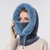 Bérets 3pcs Hiver Chapeau De Fourrure Masque Ensembles À Capuche Pour Les Femmes 3in1 Russe Tricoté Chaud En Plein Air Ski Coupe-Vent Épaissir En Peluche Moelleux Bonnets Chapeau