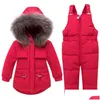 Cappotto Toddler Boys Girl Clothes Set Piumino per bambini Inverno Super caldo con cappuccio in vera pelliccia Costume per bambini Tuta da neve spessa Drop De Dhaw3