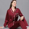 Женская одежда для сна 2023 Кружевые женщины Сексуальные пижамские костюмы с полным рукавом брюки 2pcs весенний осенний фальшивый шелк.