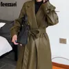 Womens Leather Faux Leather Nerazzurri Autumn long oversized leather trench coat for women long sleeve sashes Loose faux leather coats women fashion 230216