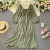 Casual Dresses Woherb Chic Elegant Square Collar Maxi Dress Women Solid Chiffon Puff Sleeve Korean Fashion Vintage Ruffle Vestidos 230216