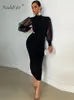 Casual Dresses Nadafair Mesh Puff Sleeve Sexy Bodycon Women High Neck Club Outfits Back Split Black Party Maxi Winter 230216