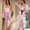 Kvinnors sömnkläder 3st Pyjamas Suit Womens Satin Loungewear V-Neck Pyjamas Intime Lingerie Spring Summer Bathrobe Home Clothes