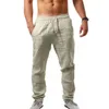 Herenbroek mannen linnen trekstring 2023 veer vaste ademende elastische taille losse lange broek mannelijke mode casual pocket sport 230215