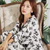 Kvinnors sömnkläder Kvinnor Pyjamas Set Loose Long Sleeve Pijamas Chinese Style Print Ink Flower Trouser Suit Faux Silk Satin Home Clothes