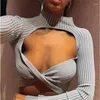 Women's T Shirts Chic Turtleneck Hollow Out Crop Tops Women's Autumn Long Sleeve SexyRib Solid Color Top Midriff-baring Slim Fit