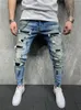 Mäns jeans Slim-Fit Hip Hop Ripped Jeans Man Painted Printed Pencil Denim Pants Fashion Patchwork Moto Biker Cowboy Beggar Byxor 230216