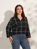 Women's Plus Size T-Shirt Finjani Plus Size Blouses For Women Fashion Grid Print Lantern Sleeve Blouse V-Neck Long Sleeves Loose Elegant Tops 230216