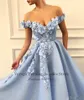 Party Dresses Verngo Elegant Sky Blue Prom 3D Flowers A Line Sleeves Off the Shoulder Evening Bowns Long Formal Endan Dressparty