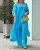 여성 투피스 바지 Streetwear 여성 가을 코튼 린넨 패션 캐주얼 루즈 대형 불규칙한 긴팔 탑 슈트